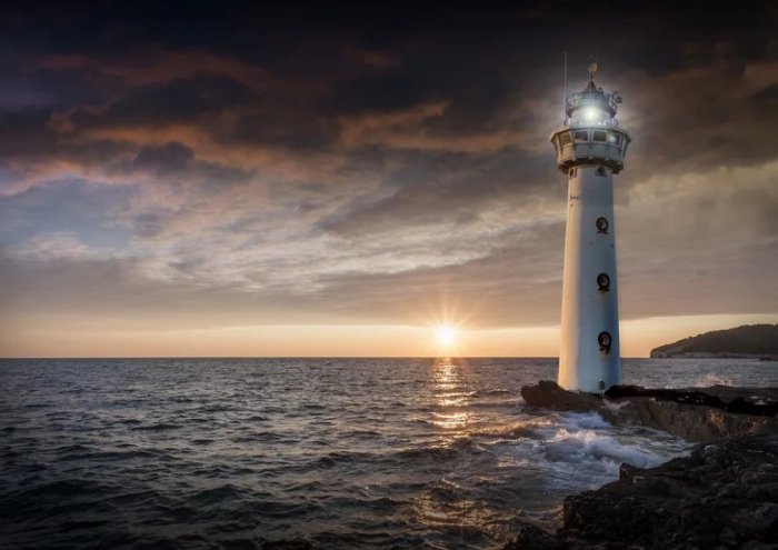 Lighthouse Glow Evening Sunset Ocean Sea Horizon 